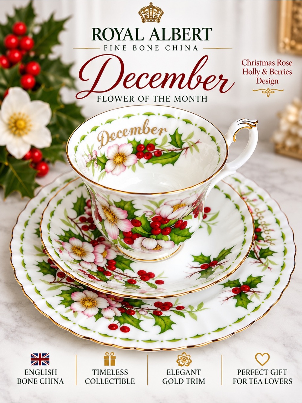 Royal Albert December "Christmas Rose” | Flower of the Month 3-Piece Tea Set